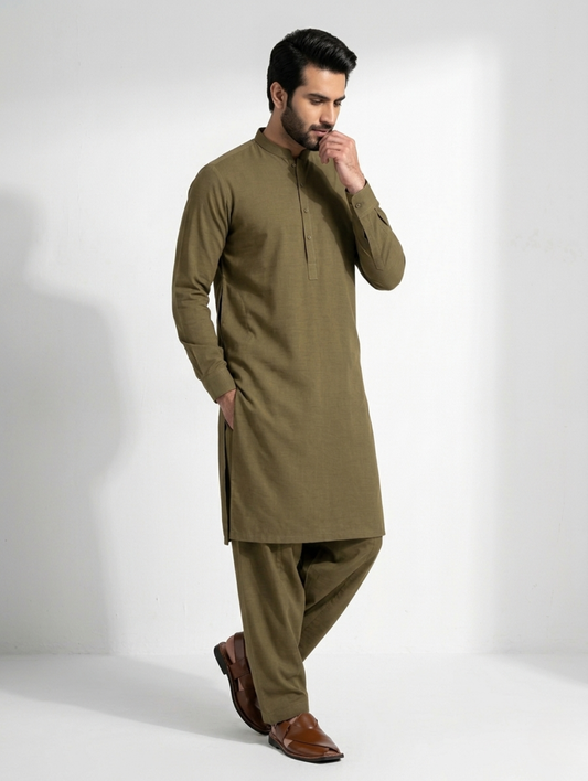 Men’s Dyed Yarn Summer Fits Olive Green Suit
