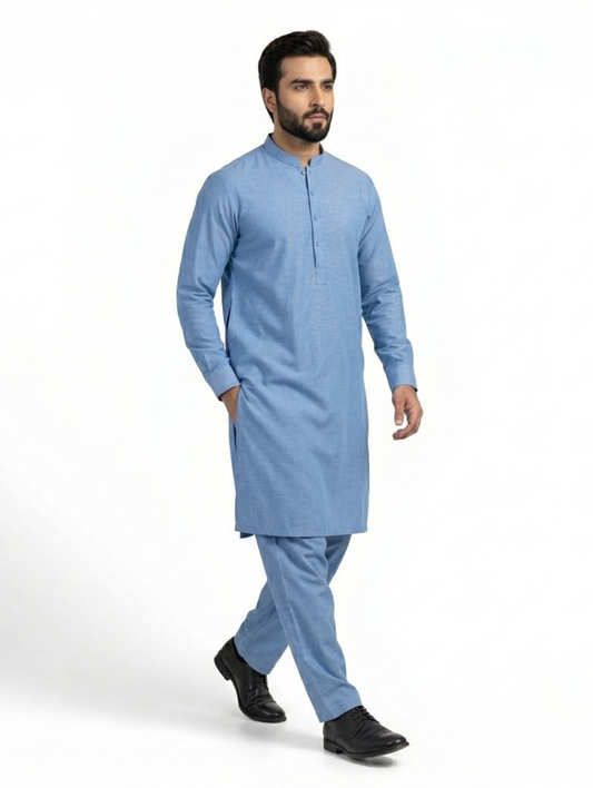 Men's Unstitched Dyed Yarn Summer Fits Baby Blue Suit