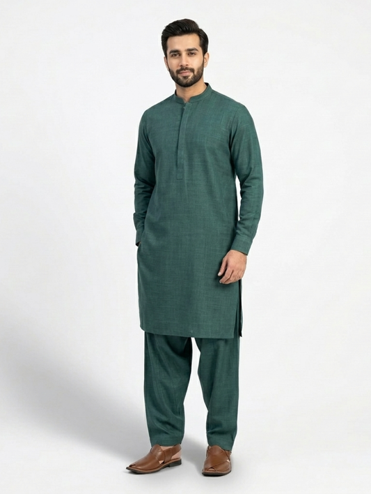 Men's Unstitched Dyed Yarn Summer Fits Pine Green Suit
