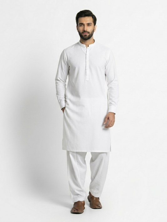 Men's Unstitched Stiff Finish Cotton White Suit