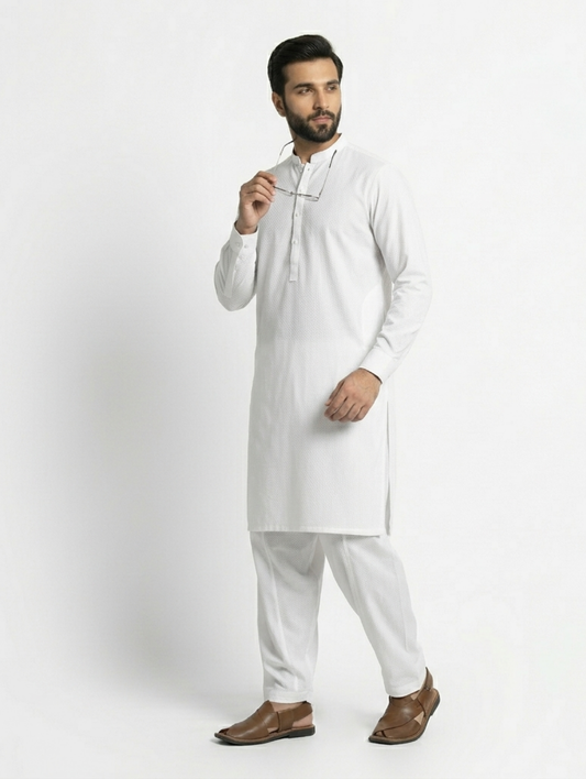 Men's Unstitched Stiff Finish Cotton White Suit