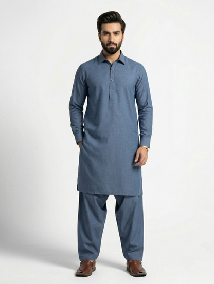 Men's Unstitched Dyed Yarn Summer Fits Steal Blue Suit