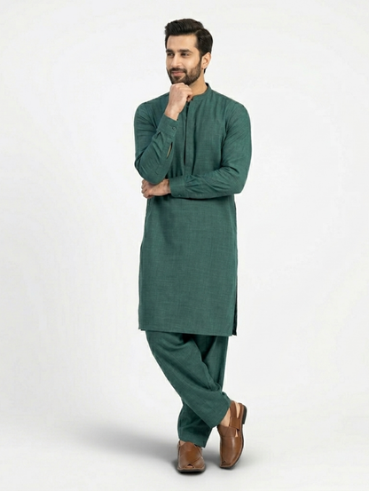 Men's Unstitched Dyed Yarn Summer Fits Pine Green Suit