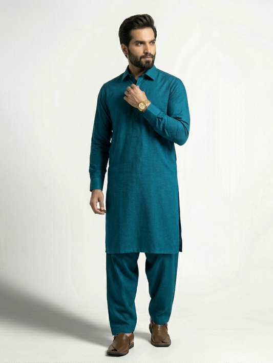 Men's Unstitched Dyed Yarn Summer Fits Teal Blue Suit