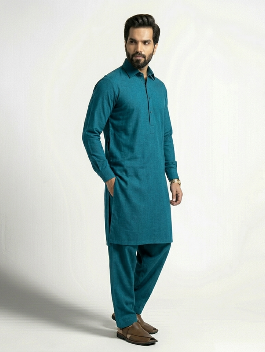 Men's Unstitched Dyed Yarn Summer Fits Teal Blue Suit