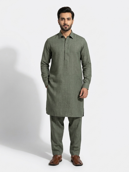 Men's Unstitched Dyed Yarn Summer Fits Mud Green Suit