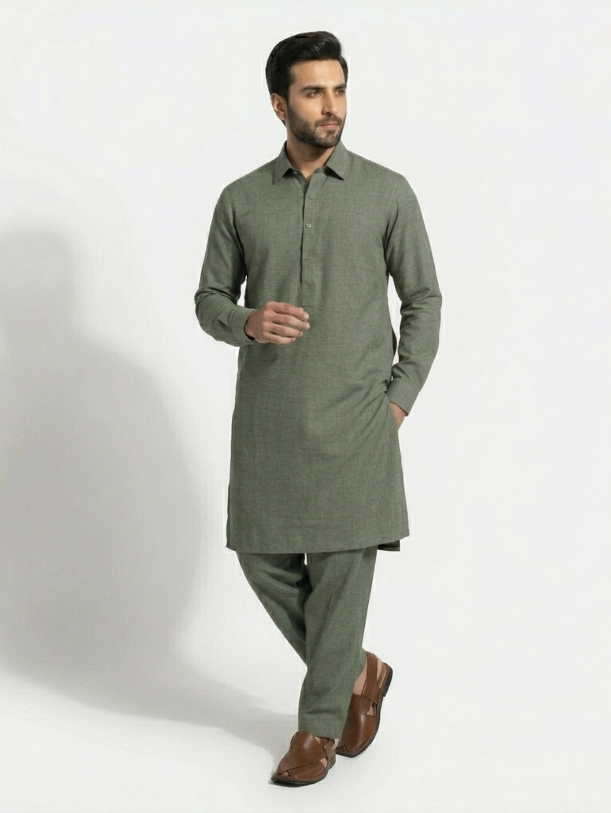 Men's Unstitched Dyed Yarn Summer Fits Mud Green Suit