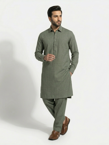 Men's Unstitched Dyed Yarn Summer Fits Mud Green Suit