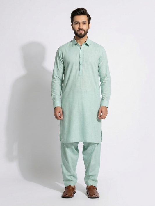 Men's Unstitched Wind Cross Dyed Yarn Sea Green Suit