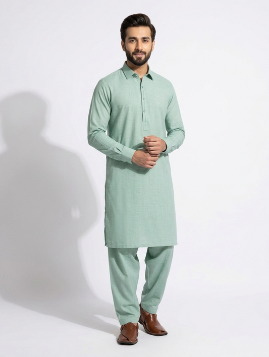 Men's Unstitched Wind Cross Dyed Yarn Sea Green Suit