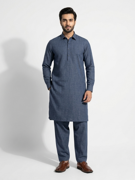 Men's Unstitched Wind Cross Dyed Yarn Denim Silver Suit