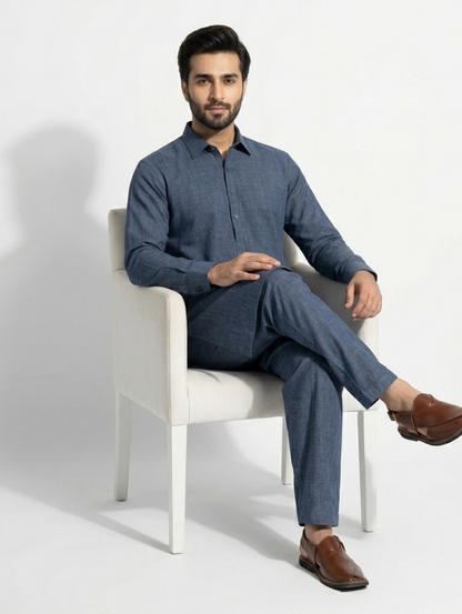 Men's Unstitched Wind Cross Dyed Yarn Denim Silver Suit