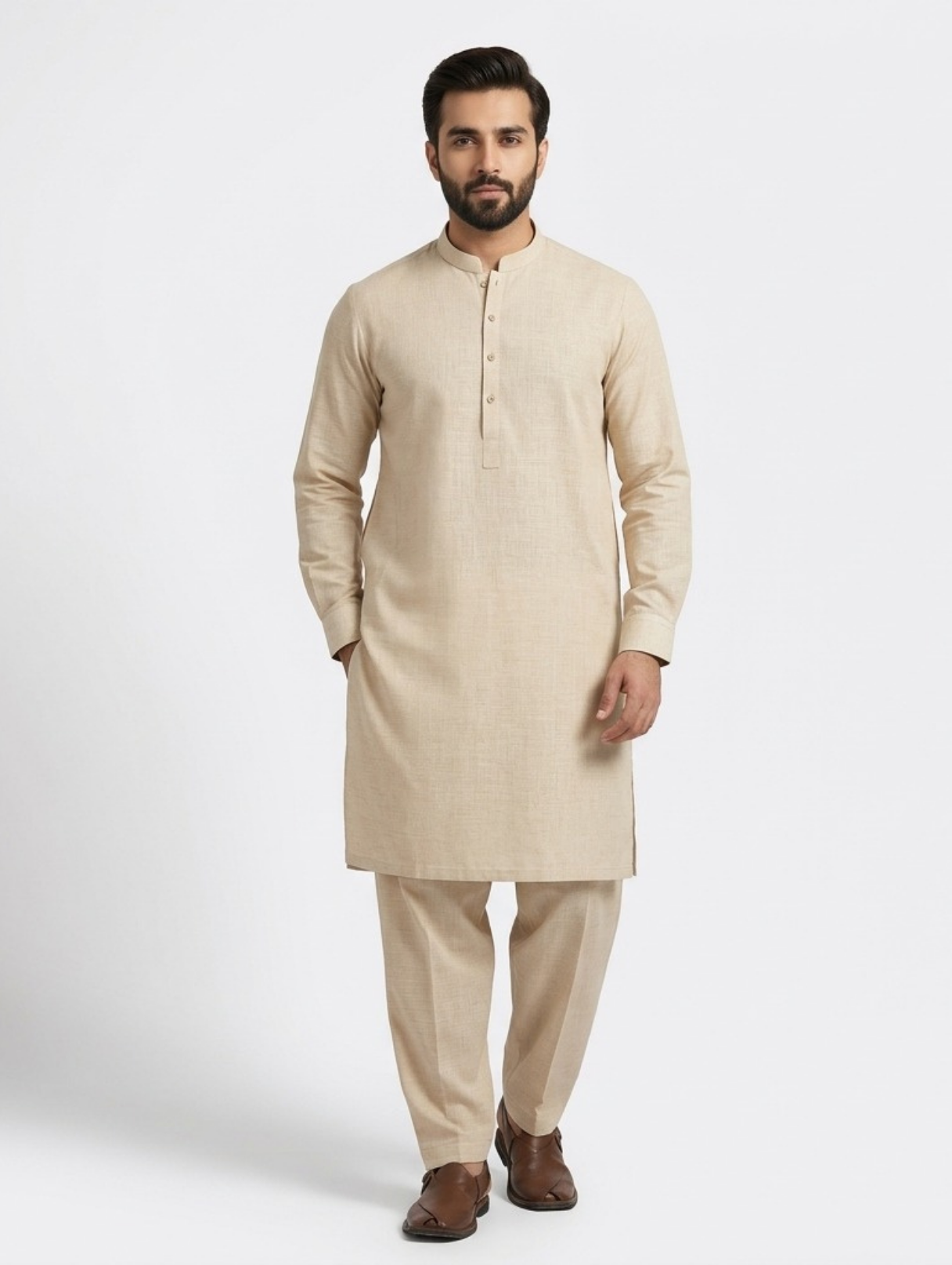 Men's Unstitched Dyed Yarn Summer Fits Beige Suit