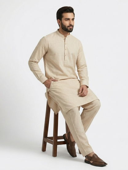 Men's Unstitched Dyed Yarn Summer Fits Beige Suit