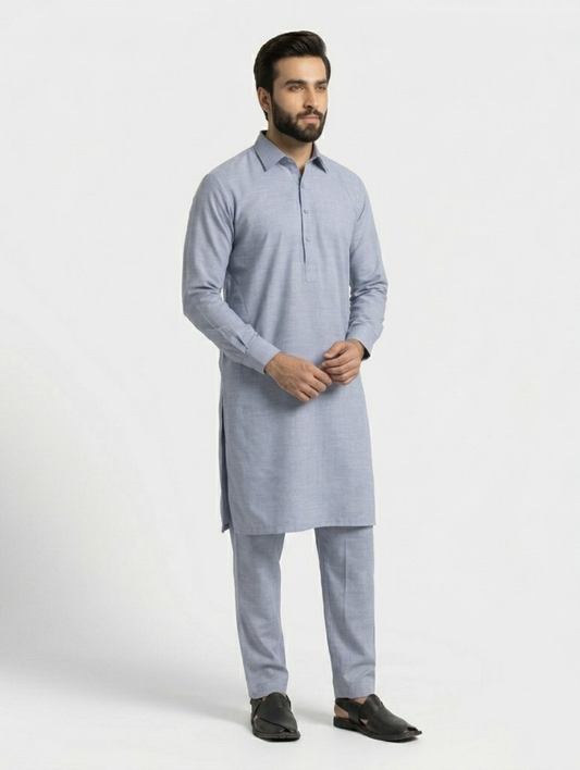 Men's Unstitched Dyed Yarn Summer Fits Ash White Suit