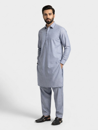 Men's Unstitched Dyed Yarn Summer Fits Ash White Suit