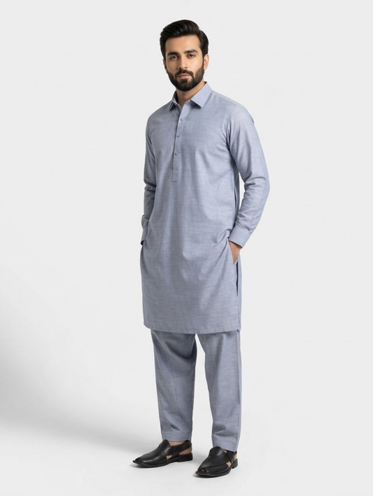 Men's Unstitched Dyed Yarn Summer Fits Ash White Suit