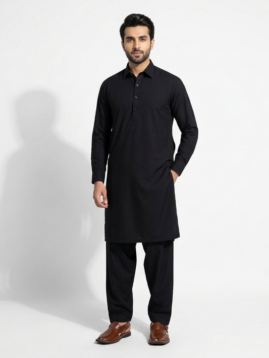 Men's Unstitched Dyed Yarn Summer Fits Black Coal Suit