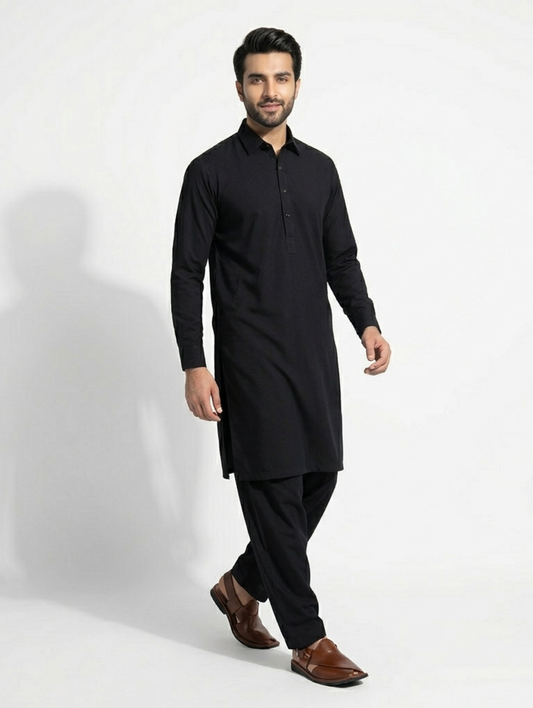 Men's Unstitched Dyed Yarn Summer Fits Black Coal Suit