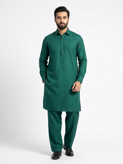 Men's Unstitched Dyed Yarn Summer Fits Forest Green Suit
