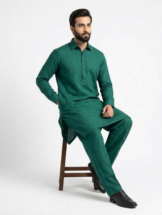 Men's Unstitched Dyed Yarn Summer Fits Forest Green Suit