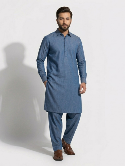 Men's Unstitched Dyed Yarn Summer Fits Iron Blue Suit