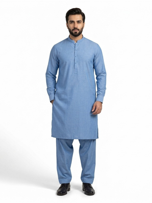 Men's Unstitched Dyed Yarn Summer Fits Baby Blue Suit